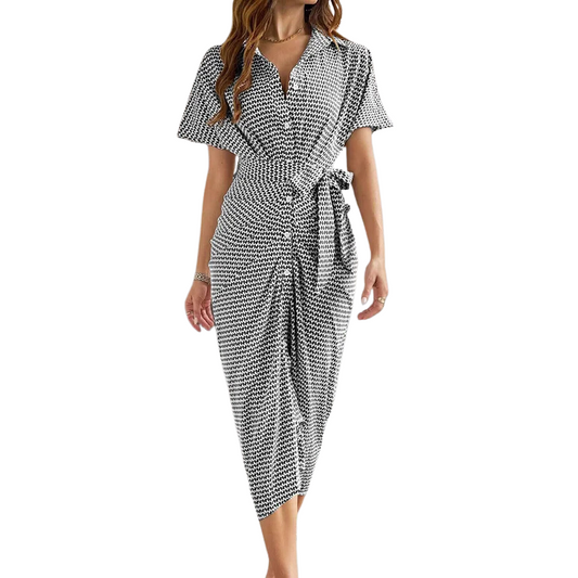 Bodycon Half Sleeves Buttoned Contrast Color Tied Waist Lapel Midi Dresses