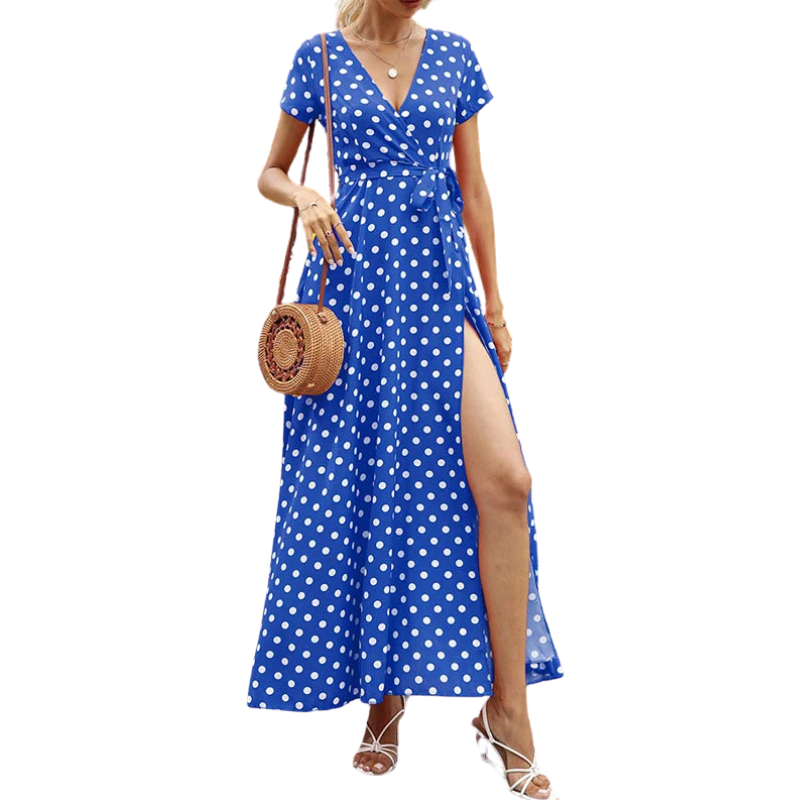 A-Line High Waisted Polka-Dot Tied Waist V-Neck Maxi Dresses