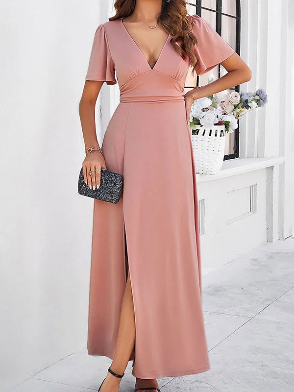 A-Line High Waisted Solid Color Split-Front V-Neck Maxi Dresses