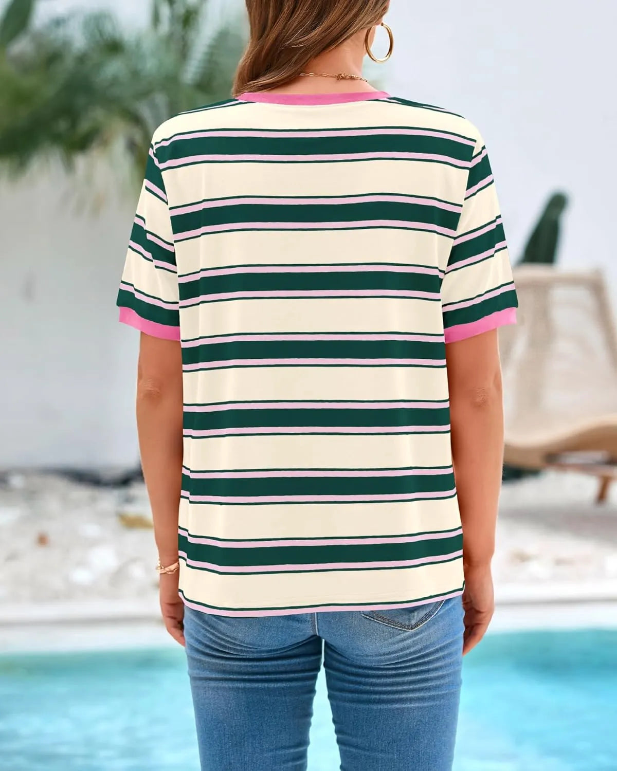 Color Block Crewneck Striped Short Sleeve T Shirts