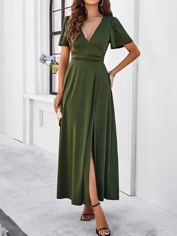 A-Line High Waisted Solid Color Split-Front V-Neck Maxi Dresses