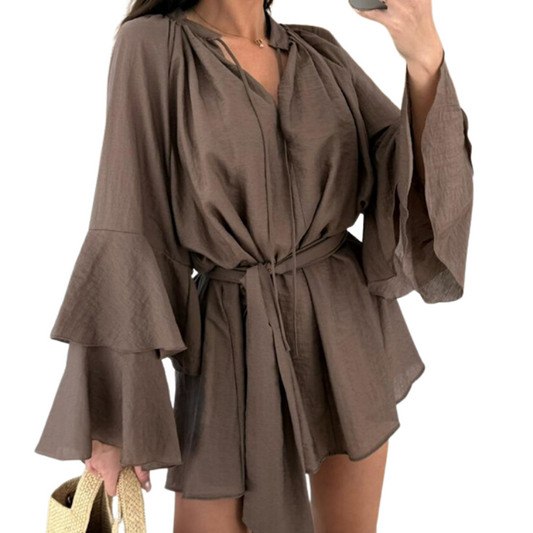 Linen Blend Tiered Bell Sleeve Tie-up Cover-up Mini Dress