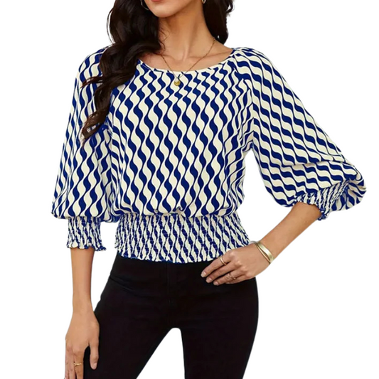 Loose Puff Sleeves Elasticity Printed Split-Joint Round-Neck Blouses