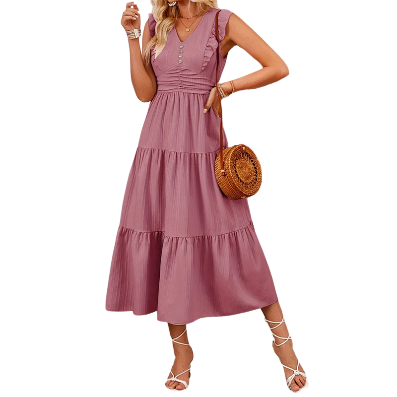 A-Line Pleated Ruffled Solid Color Split-Joint V-Neck Midi Dresses