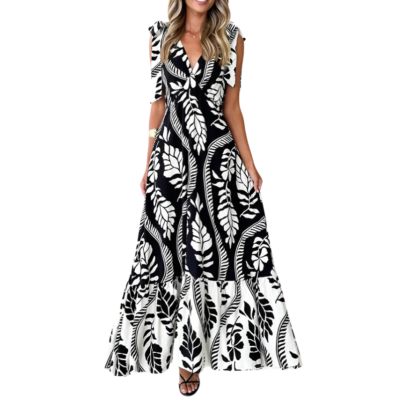 Unique Printed V-neck Sleeveless Lace-up Waist Maxi Dress