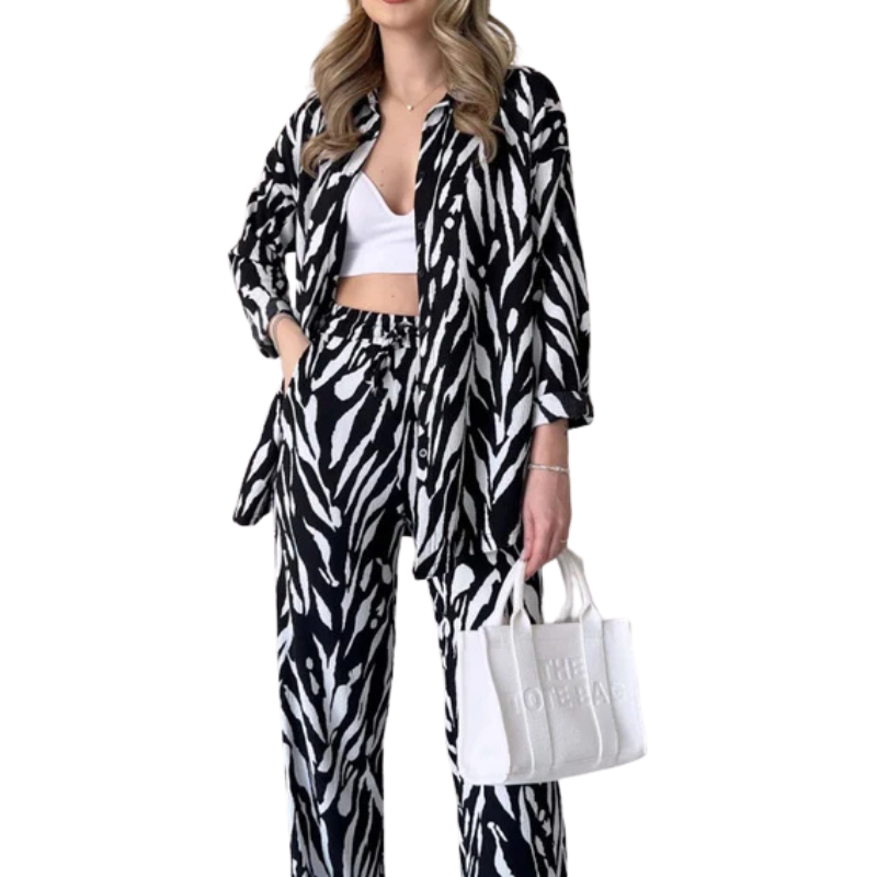 Chic Women's Zebra Print Shirt And Pants Set