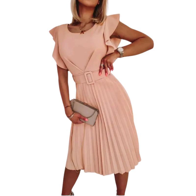 Flutter Sleeve Pleated Work Dress With Belt