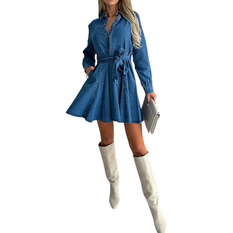 Stylish Long Sleeve Pocket Waist Belted Denim Mini Dress