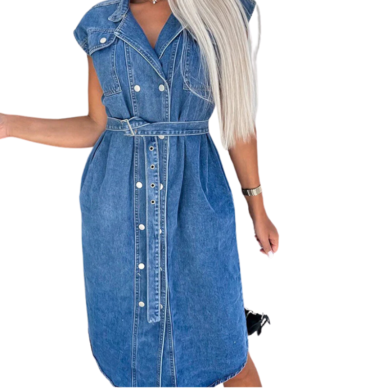 Solid Color Casual Lapel Sleeveless Button Pocket Waist Tie Denim Midi Dress