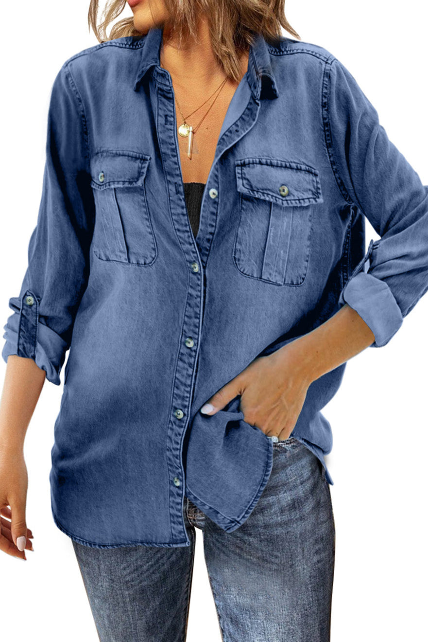 Blue Buttoned Turn Down Collar Shirt with Pocket