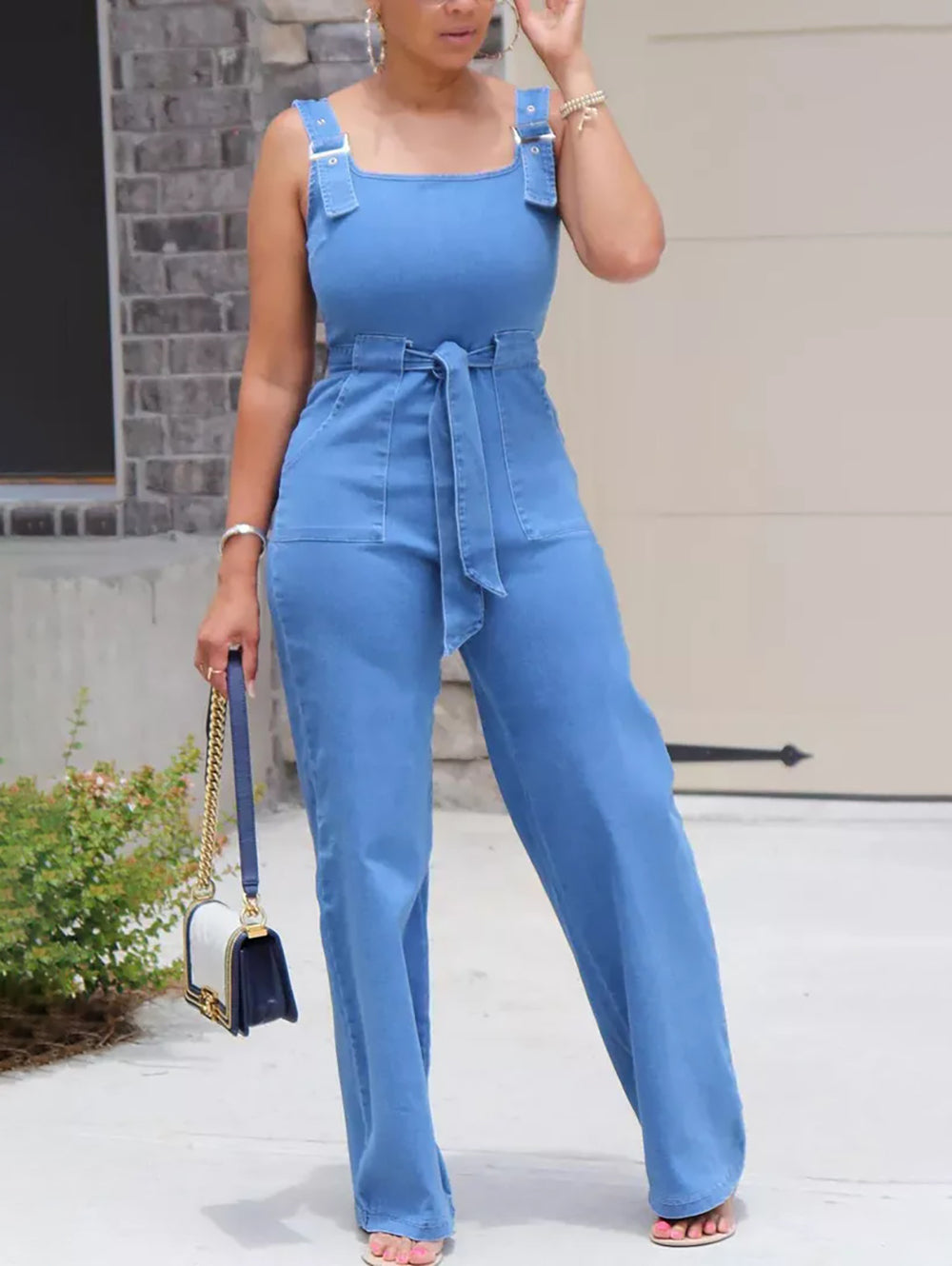 Eyelet Buckle Detail Belted Tank Denim Jumpsuit