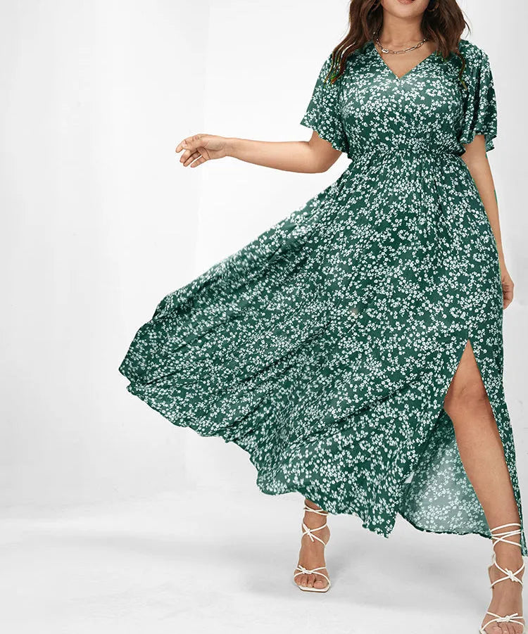 Flutter Sleeve Ditsy Floral Split Maxi Dress