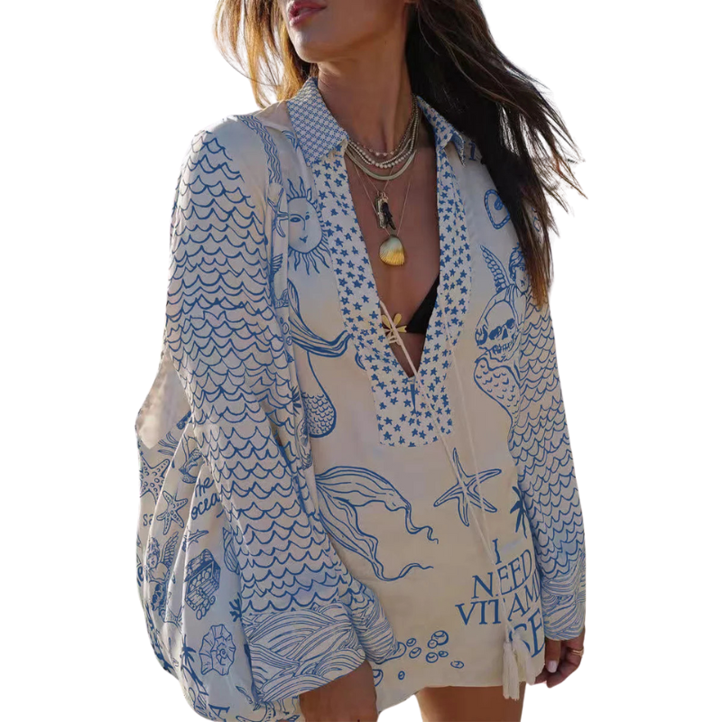 Casual Graffiti Print Tassel Contrast V Neck Long Sleeve Two Pieces