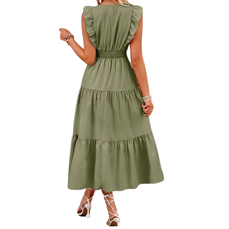 A-Line Pleated Ruffled Solid Color Split-Joint V-Neck Midi Dresses