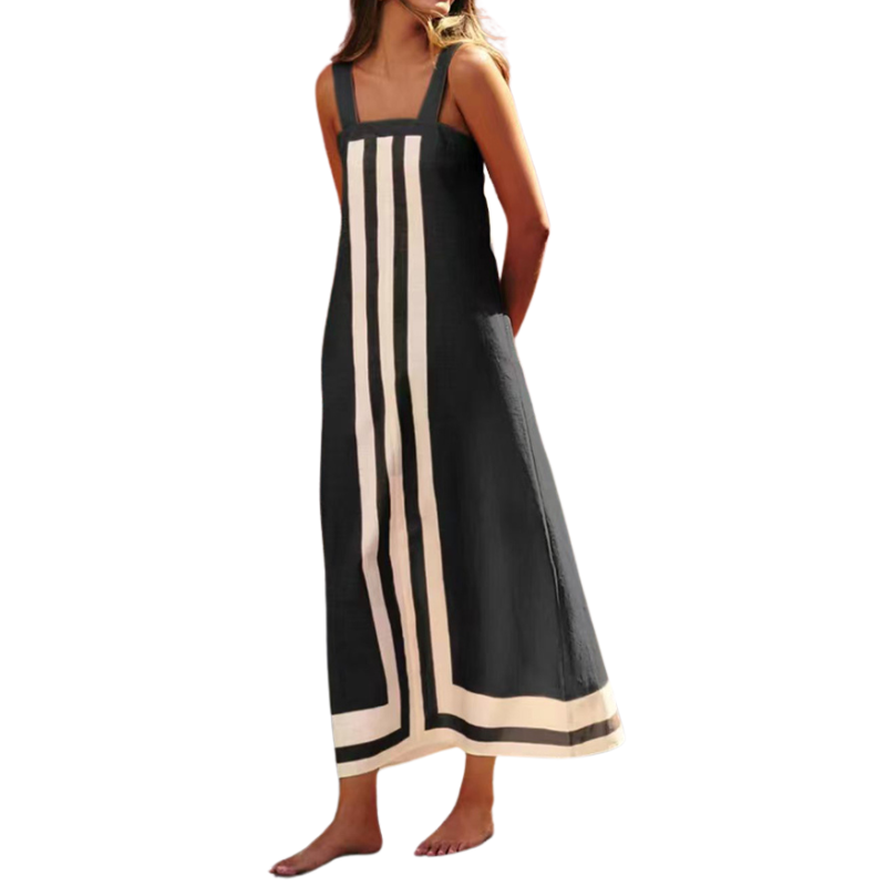 Striped Print Resort Style Casual Sling Maxi Dress