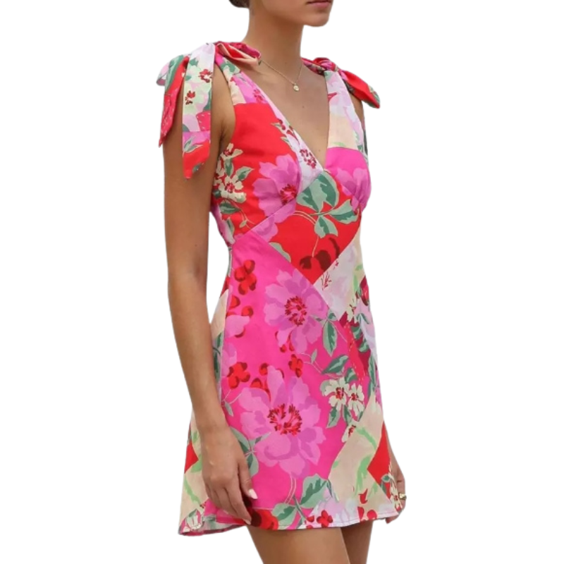 Floral Dress With Bow Shoulder Summer Vacation Mini Dress For Women