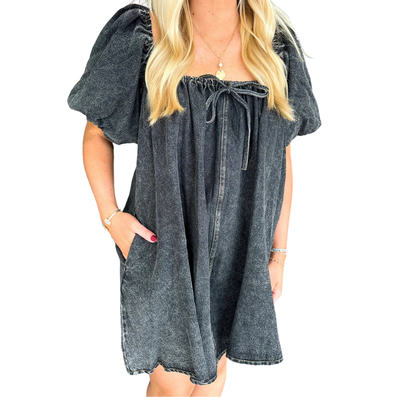 Casual Draw String Pocket Square Neck Short Sleeve Loose Denim Dresses