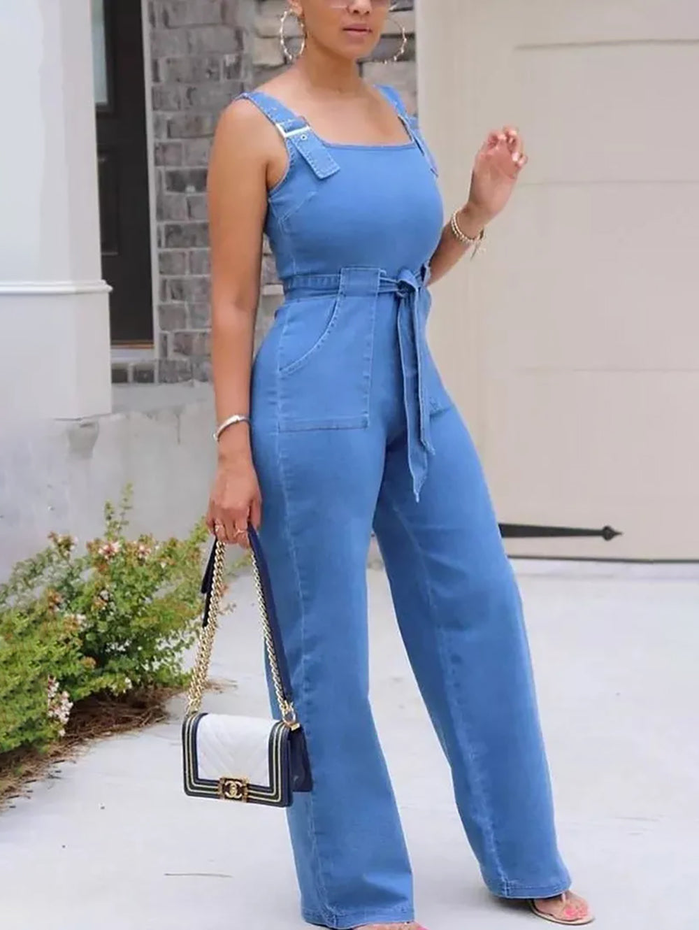 Eyelet Buckle Detail Belted Tank Denim Jumpsuit