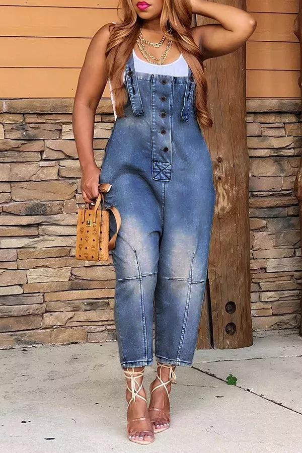 Casual Style Denim Suspender Jumpsuit