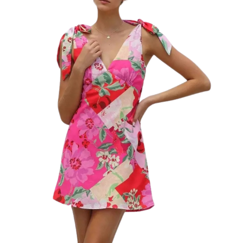 Floral Dress With Bow Shoulder Summer Vacation Mini Dress For Women