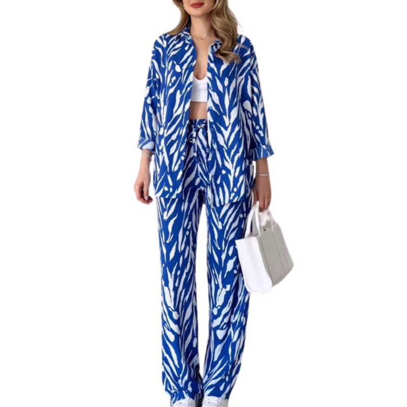 Chic Women's Zebra Print Shirt And Pants Set