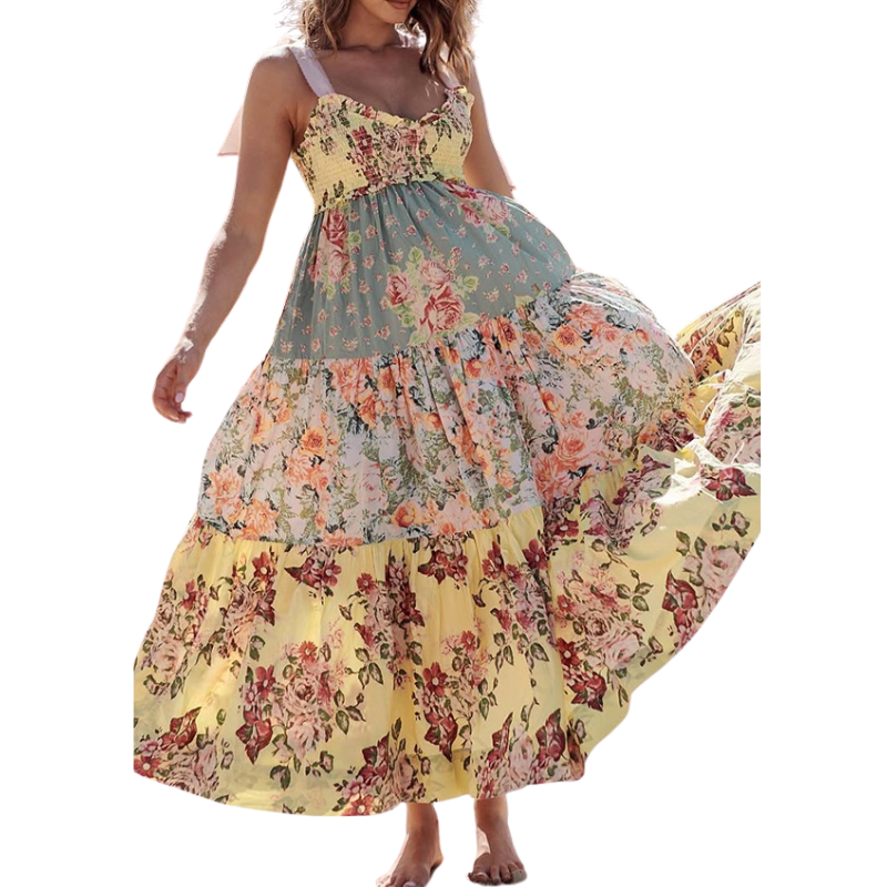 Floral Print Strappy Pleated Paneled Maxi Dress