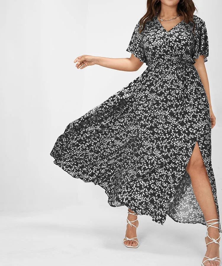 Flutter Sleeve Ditsy Floral Split Maxi Dress