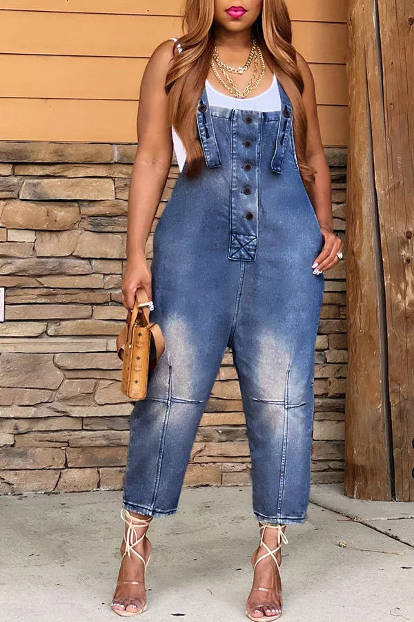 Casual Style Denim Suspender Jumpsuit