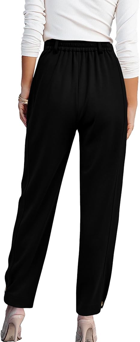 Women's Casual Button Down Pants Elastic High Waist Long Straight Slacks with Pockets