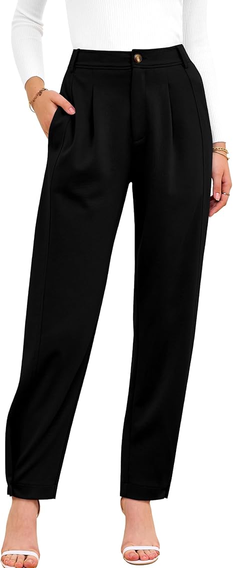 Women's Casual Button Down Pants Elastic High Waist Long Straight Slacks with Pockets