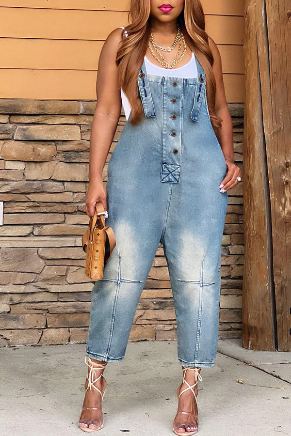 Casual Style Denim Suspender Jumpsuit