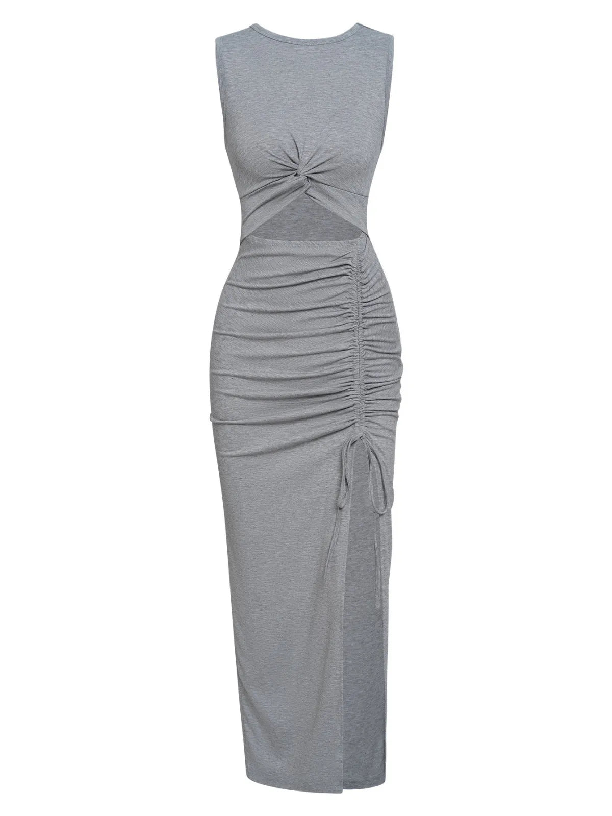 Crew-neck Solid Color Drawstring Maxi Dress