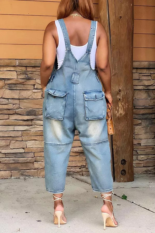 Casual Style Denim Suspender Jumpsuit