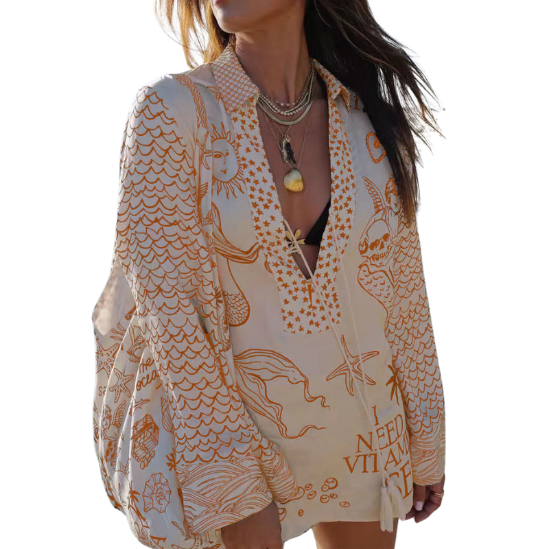 Casual Graffiti Print Tassel Contrast V Neck Long Sleeve Two Pieces