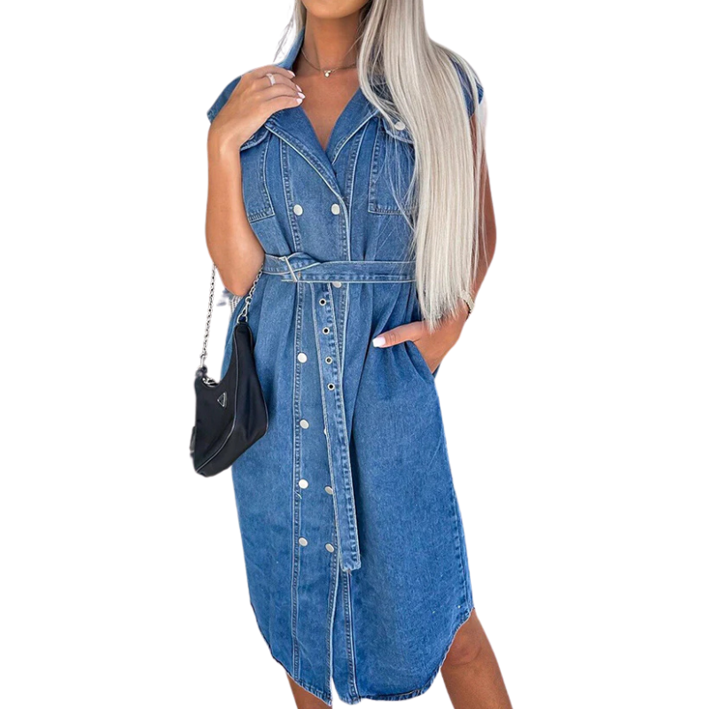 Solid Color Casual Lapel Sleeveless Button Pocket Waist Tie Denim Midi Dress