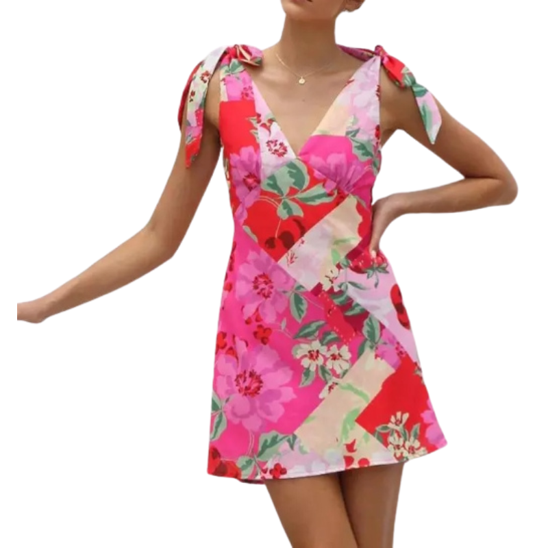 Floral Dress With Bow Shoulder Summer Vacation Mini Dress For Women