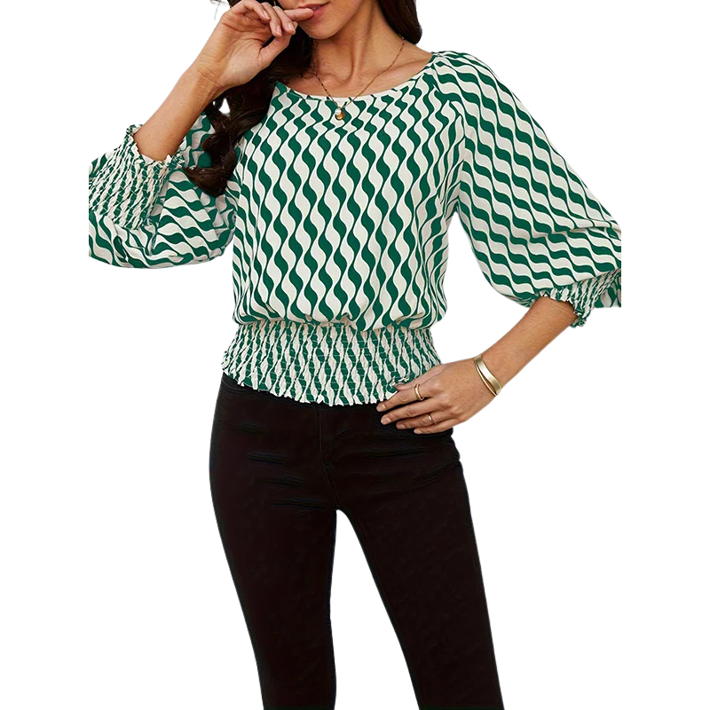 Loose Puff Sleeves Elasticity Printed Split-Joint Round-Neck Blouses