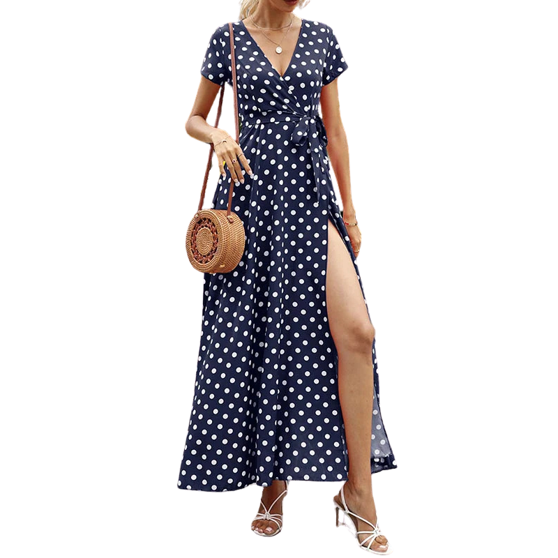 A-Line High Waisted Polka-Dot Tied Waist V-Neck Maxi Dresses