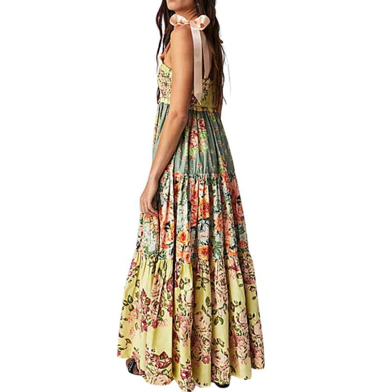 Floral Print Strappy Pleated Paneled Maxi Dress