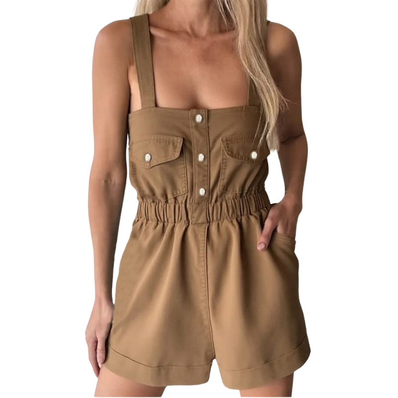 Casual Solid Color Pocket Square Neck Rompers