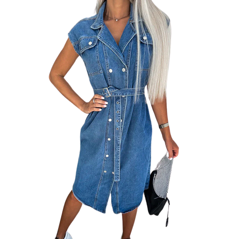 Solid Color Casual Lapel Sleeveless Button Pocket Waist Tie Denim Midi Dress