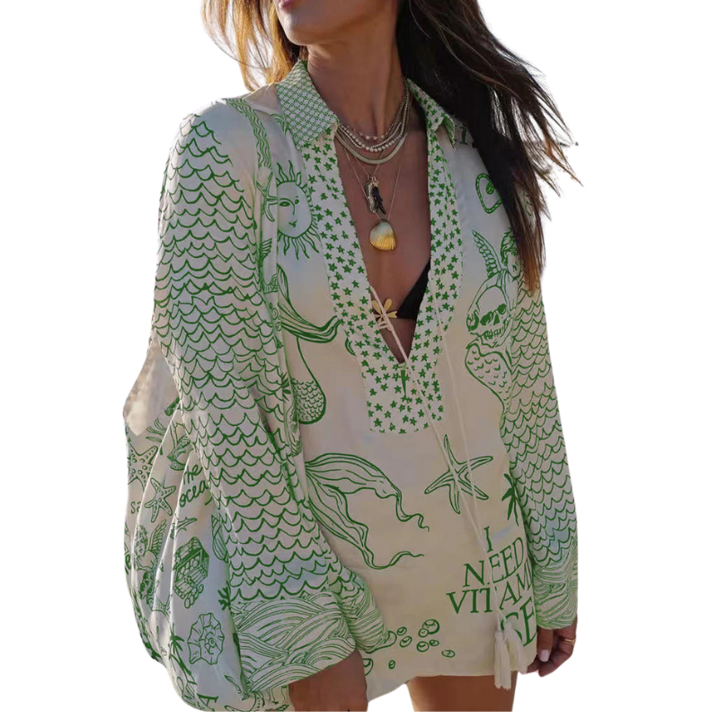 Casual Graffiti Print Tassel Contrast V Neck Long Sleeve Two Pieces