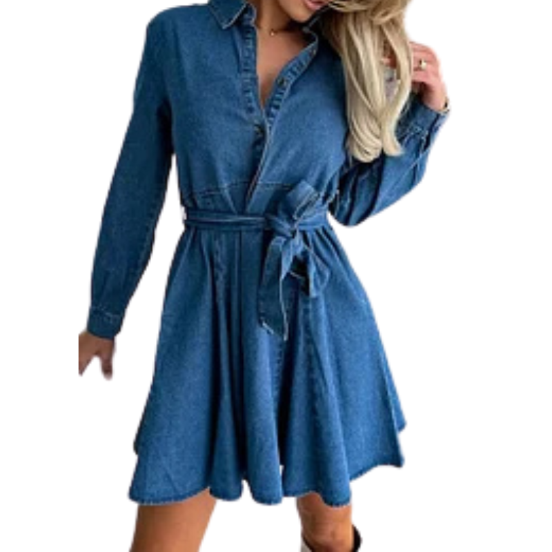 Stylish Long Sleeve Pocket Waist Belted Denim Mini Dress