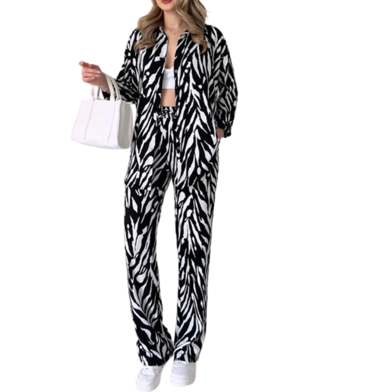 Chic Women's Zebra Print Shirt And Pants Set