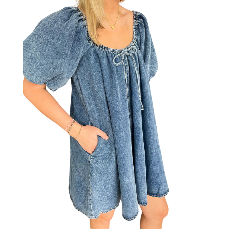 Casual Draw String Pocket Square Neck Short Sleeve Loose Denim Dresses