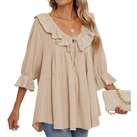 Ruffled Tie-Front Flowy 3/4 Sleeve Top Blouse