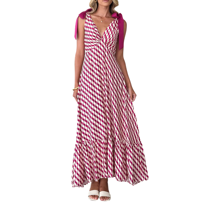 Unique Printed V-neck Sleeveless Lace-up Waist Maxi Dress