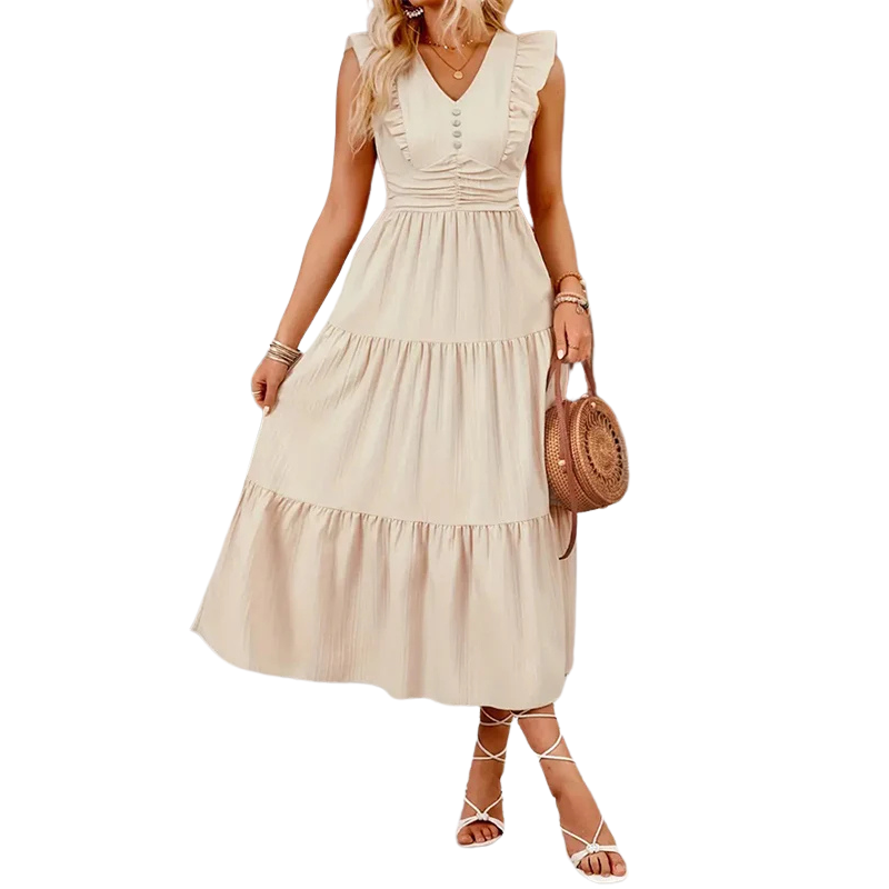 A-Line Pleated Ruffled Solid Color Split-Joint V-Neck Midi Dresses