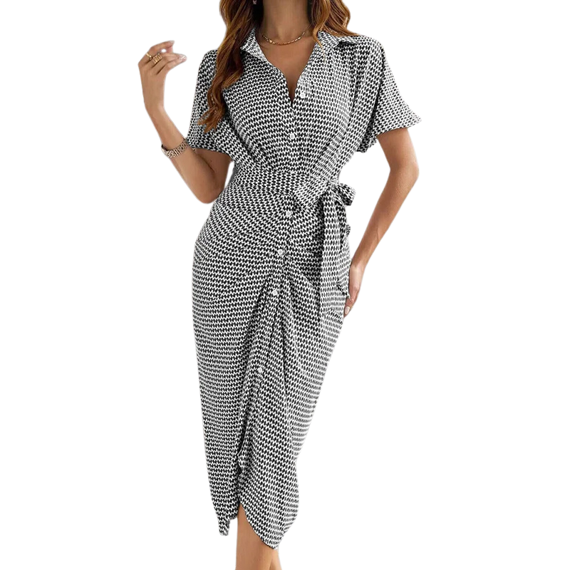 Bodycon Half Sleeves Buttoned Contrast Color Tied Waist Lapel Midi Dresses