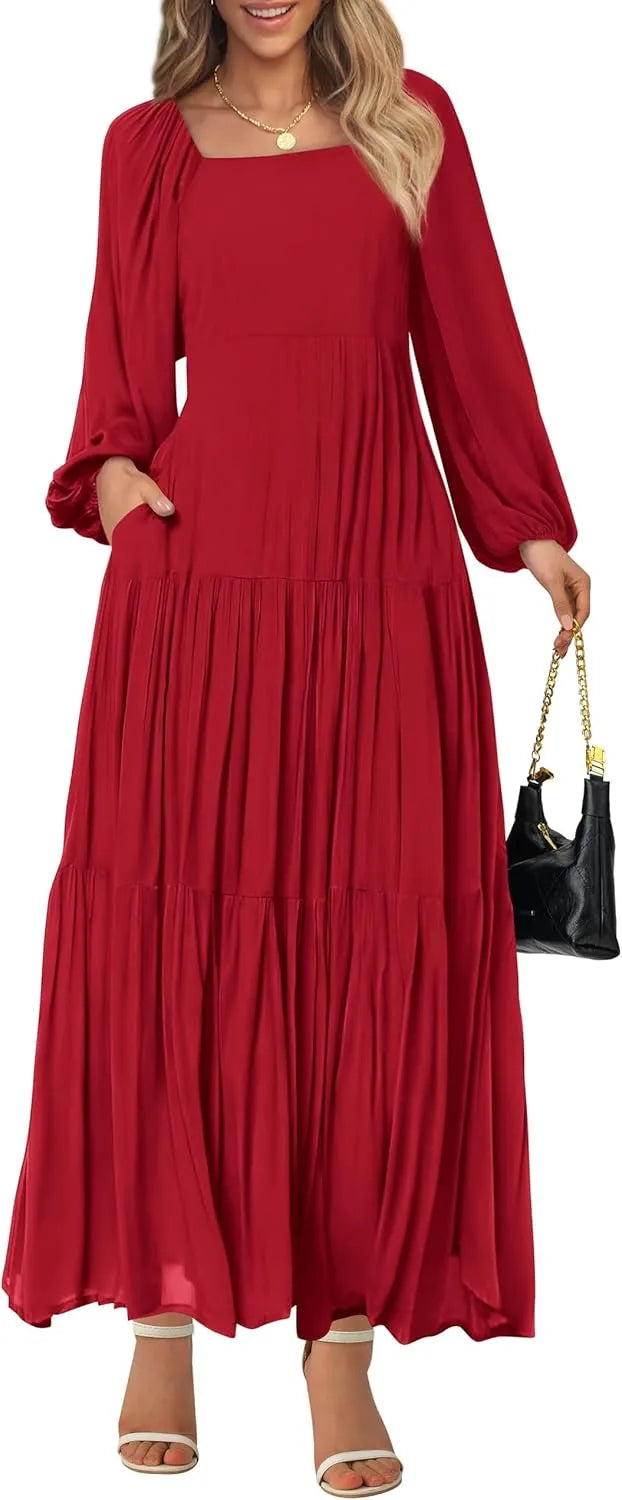 Women's Square Neck Smocked Tiered Flowy Maxi Dress